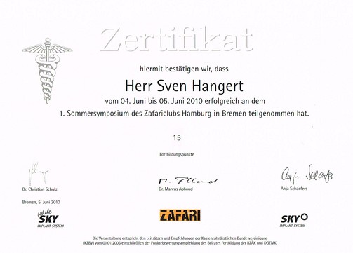 Zertifikat Sommersymposium Zafariclub Hamburg