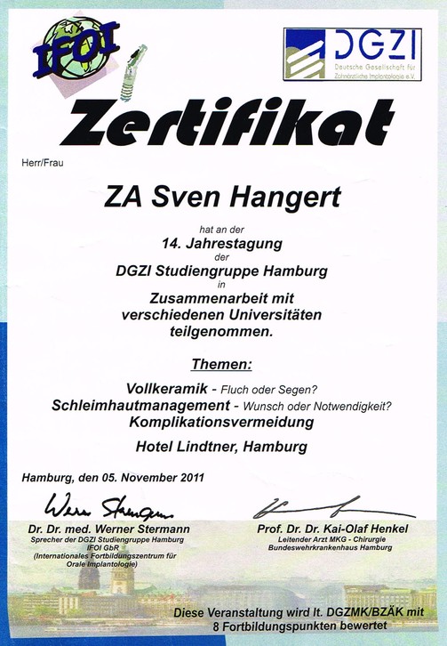 Zertifikat 14. Jahrestag DGZI Studiengruppe Hamburg