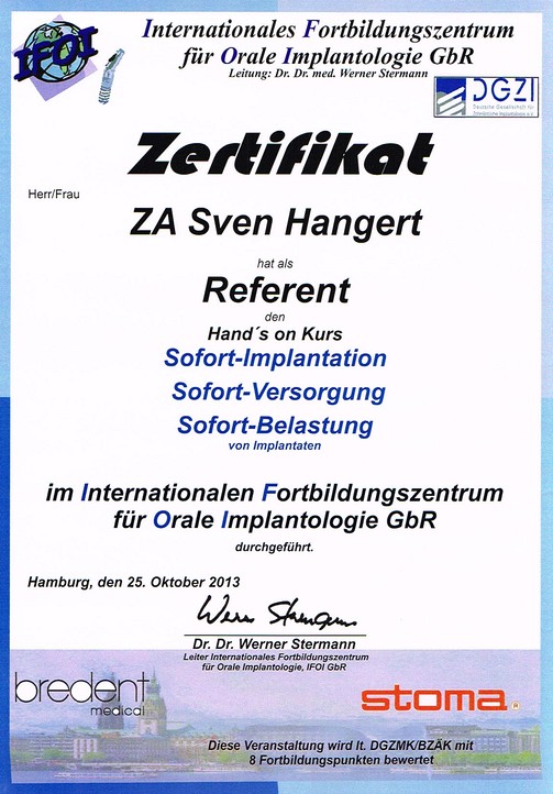 Zertifikat Sven Hangert als Referent Sofort-Implantation